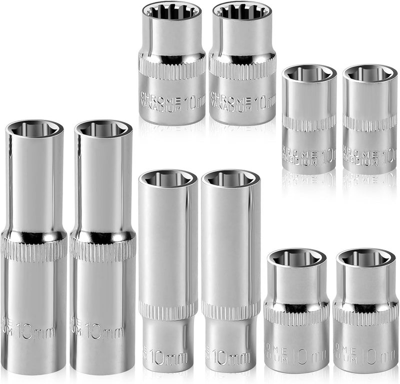 HouseUp [10-Piece] 10mm Socket Set, 1/4-Inch & 3/8-Inch Drive Impact Socket, 6-Point & 12-Point, Deep and Shallow, Mirror Chrome Finish - Image 1